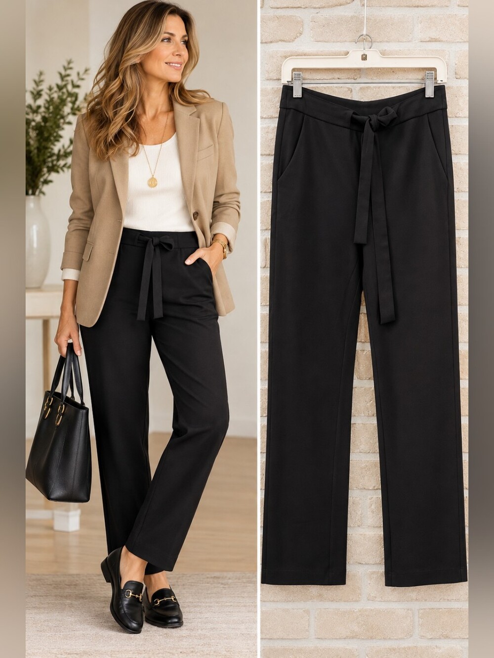 Badgley Mischka Black Stretch Pull-On Pants L/G Drawstring Straight Leg